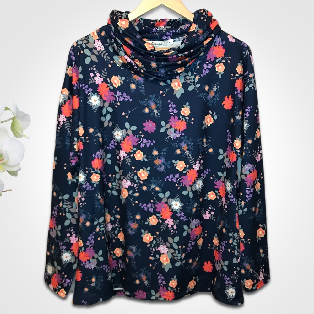 Sakurafina Floral Cowl Neck Long Sleeve Stretch Top Multi-Color Size Medium NWT